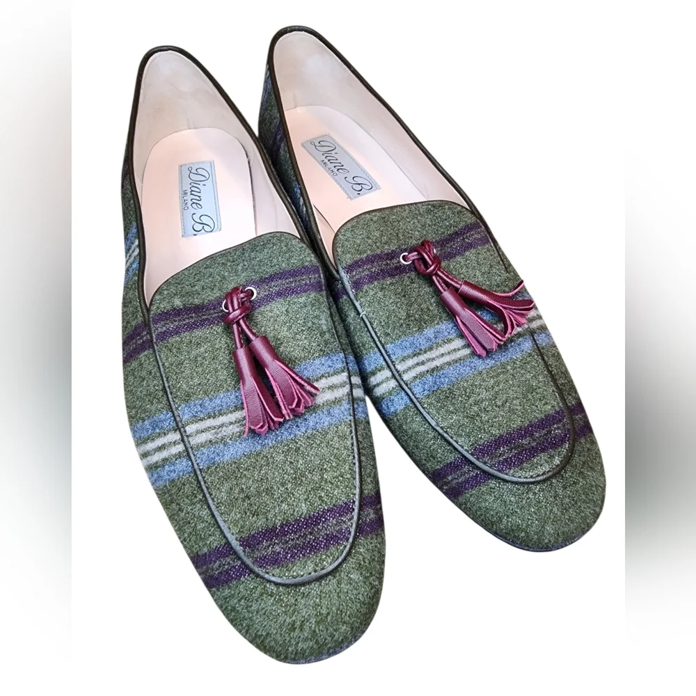 ​Diane B. Milano Italian Wool Striped Tassel Loafers - Green/Multi - Size 40